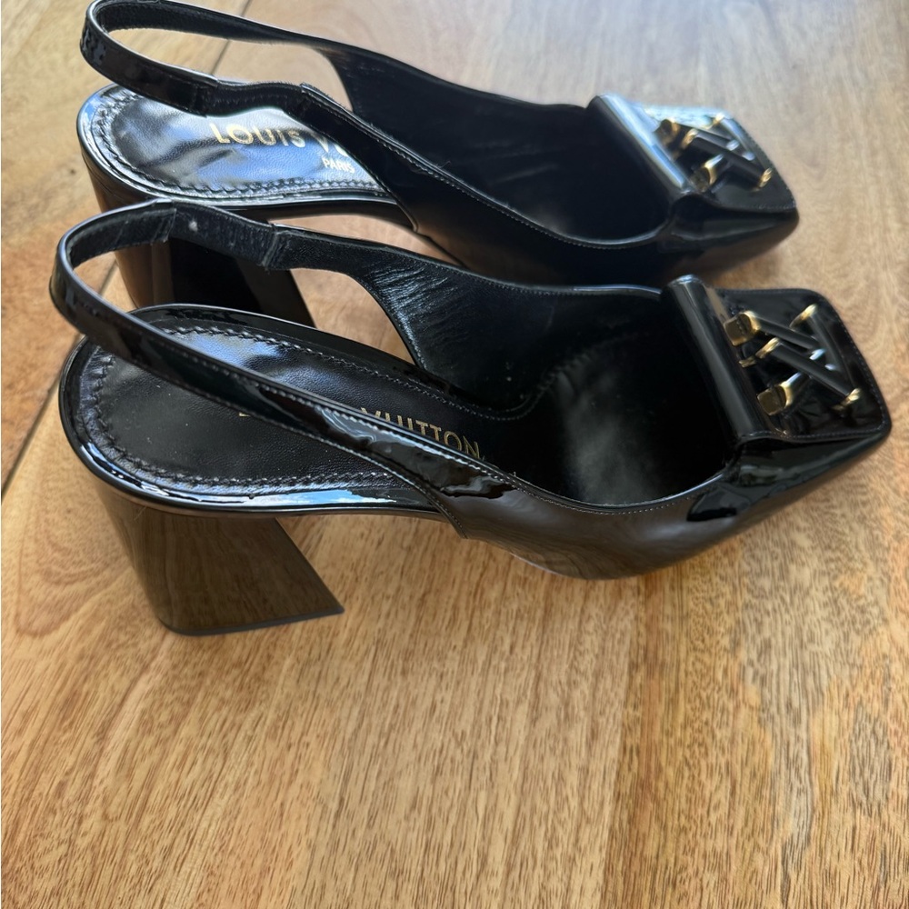 Louis Vuitton Black Slingback Heels with Gold Accents
